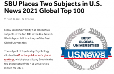 SBU Places Two Subjects in U.S. News 2021 Global Top 100 이미지